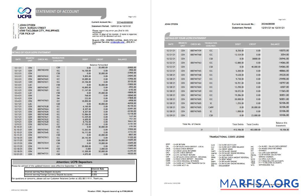 Realistic Philippines UCPB bank statement word real example